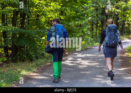 Wanderer auf einem Wanderweg in Thayatal, Podyji Nationalpark, Tschechisch-österreichische Grenze, Grenzstraße, Rückansicht Stockfoto