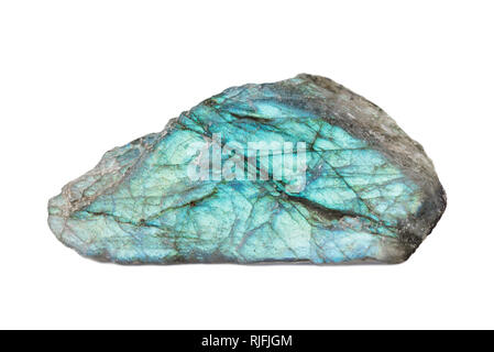 Natürliche irisierende mineral Labradorit (Labrador) aus Madagaskar, polierter Stein auf weißem Hintergrund Stockfoto