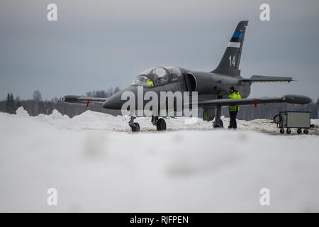 05. Februar 2019, Estland, Ämari: Eine Aero L-39 Albatros der Estnischen Luftwaffe steht am Militärflugplatz in Ämari, Estland. Foto: Arne Immanuel Bänsch/dpa Stockfoto