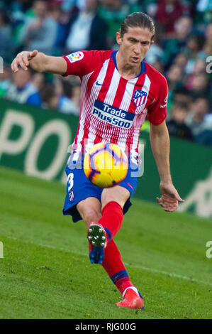 SEVILLA, 03-02-2019. Primera Division Liga. LaLiga. Estadio Benito Villamarin. Filipe Luis (Atletico de Madrid) während des Spiels Real Betis - Atletico de Madrid. Stockfoto