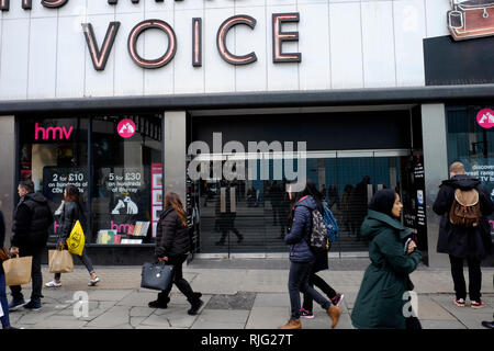 London, Großbritannien. 6 Feb, 2019. Das Flaggschiff HMV Store auf der Oxford Street ist geschlossen. Credit: Yanice Idir/Alamy leben Nachrichten Stockfoto
