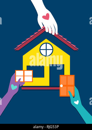 Abbildung: Hände zusammen ein Haus. Low Cost Housing Programm Konzept Stockfoto