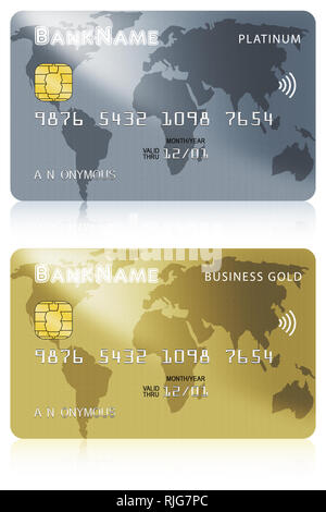 Zwei- oder Kreditkarte Illustrationen von Platin und Gold Versionen auf weißem Hintergrund. Stockfoto