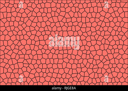 Lebende Koralle Farbe des Jahres 2019. Abstrakte Mosaik Fliese Textur. Schwarze Zellen auf Korallen Hintergrund. Geometrische polygon Formen Raster. Stockfoto