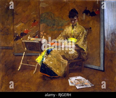 Ein Mädchen in der japanischen Gewand. Der Kimono Ca. 1887. Öl auf Leinwand von William Merritt Chase (November 1, 1849 - 25. Oktober 1916) war ein US-amerikanischer Maler, als Exponent des Impressionismus bekannt Stockfoto