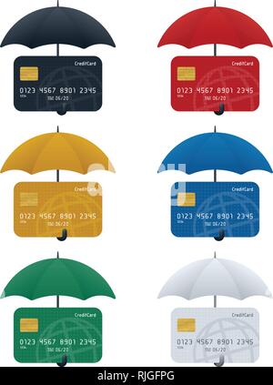 Kreditkarte Schutzkonzept, Kreditkarte Symbol mit Regenschirm auf weißem Hintergrund. Finanzen Konzept Design. Stock Vektor