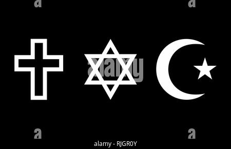 Eine Reihe von religiösen Symbolen auf dunklem Hintergrund Stock Vektor