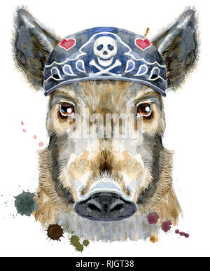 Aquarell Portrait von Wildschweinen tragen Biker Bandana Stockfoto