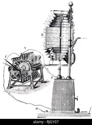 Ein kupferstich mit der Darstellung der Allianz Nollet Generator verwendet werden Stromversorgung eines Lichtbogen-schweiLampe. In Leuchttürme auf La Heve verwendet. Vom 19. Jahrhundert Stockfoto