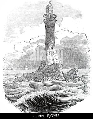Ein kupferstich mit der Darstellung der Bell Rock Leuchtturm, vor der Küste von Angus, Schottland, entworfen von Robert Stevenson. Robert Stevenson (1772-1850) eine schottische Bauingenieur und berühmten Konstrukteur und Erbauer der Leuchttürme. Vom 19. Jahrhundert Stockfoto