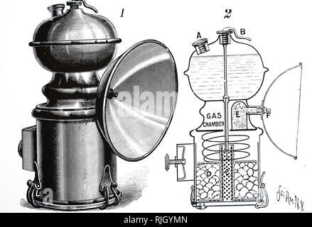 Ein kupferstich mit der Darstellung der Baldwin Acetylen Fahrradlampe. Vom 20. Jahrhundert Stockfoto