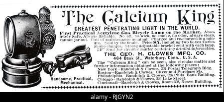 Eine Werbung für ein acetylen Fahrradlampe. Ein Karbid Lampe, oder Acetylen gas Lampen, sind einfache Lampen, produzieren und Burn Acetylen (C2H2), die durch die Reaktion von calciumcarbid (CaC2) mit Wasser erzeugt wird. Vom 19. Jahrhundert Stockfoto