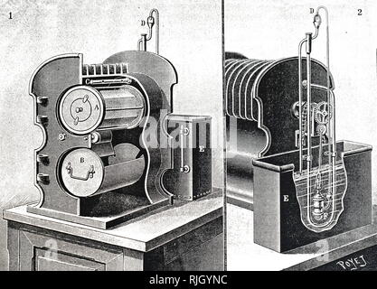 Ein kupferstich mit der Darstellung der "Bruncor' Acetylen gas-Anlage für die Versorgung von Licht in großen Häuser auf dem Land oder an entfernten Standorten, wo Stadtgas nicht verfügbar war. Das hartmetall Lampe, oder Acetylen gas Lampen, sind einfache Lampen, produzieren und Burn Acetylen (C2H2), die durch die Reaktion von calciumcarbid (CaC2) mit Wasser erzeugt wird. Vom 19. Jahrhundert Stockfoto