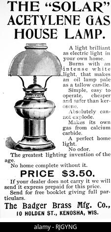 Eine Werbung für ein acetylen Lampe. Das hartmetall Lampe, oder Acetylen gas Lampen, sind einfache Lampen, produzieren und Burn Acetylen (C2H2), die durch die Reaktion von calciumcarbid (CaC2) mit Wasser erzeugt wird. Vom 20. Jahrhundert Stockfoto