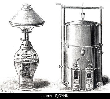 Eine Gravur, ein acetylen Lampe. Das hartmetall Lampe, oder Acetylen gas Lampen, sind einfache Lampen, produzieren und Burn Acetylen (C2H2), die durch die Reaktion von calciumcarbid (CaC2) mit Wasser erzeugt wird. Vom 19. Jahrhundert Stockfoto