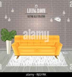 Modernes Wohnzimmer gelb Sofa aquarell Vektor. Interior Design vorlage Stock Vektor