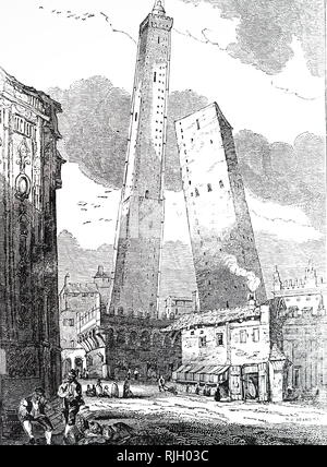 Ein kupferstich mit der Darstellung der schiefen Türme von Bologna, Italien. Vom 19. Jahrhundert Stockfoto
