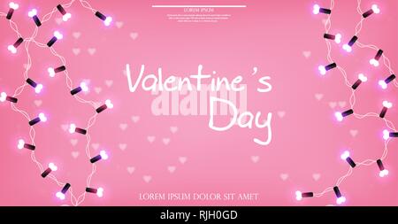 Valentinstag glühenden Lichter Vektor realistische Banner. Valentinstag Karte. Glänzend realistische Beleuchtung Girlande. 3d detaillierte Abbildung. Schöner Urlaub Stock Vektor