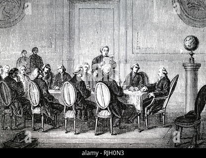 Eine Gravur, die Rekonstruktion eines Künstlers von der Sitzung der Royal Society im April 1800, als Joseph Banken lesen Sie auf das Schreiben der Gesellschaft Volta über seine elektrische Stapel (Teig). Vom 19. Jahrhundert Stockfoto