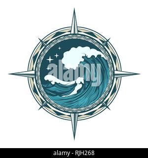 Windrose nautischen Kompass mit Ocean Wave und Sterne im Inneren im Tattoo Style erstellt. Vector Illustration. Stock Vektor
