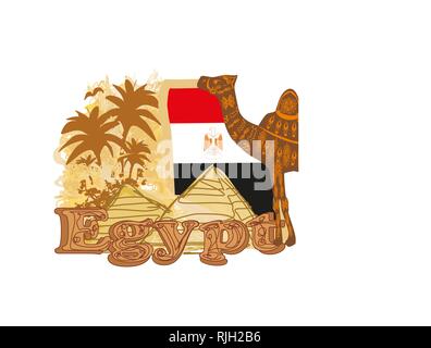 Vintage Banner mit Pyramiden von Gizeh, Flagge und Kamel Stock Vektor