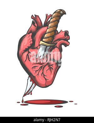Blutungen menschliche Herz durchbohrt von Messer in Tattoo Stil gezeichnet. Vector Illustration. Stock Vektor