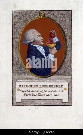 Maximilien de Robespierre (1758 - 1794), französischer Jurist und Politiker, sowie einer der bekanntesten und einflussreichsten Persönlichkeiten mit der französischen Revolution und der Herrschaft des Terrors. Als Mitglied der Gleiche, der Verfassungsgebenden Versammlung und dem Jakobinerklub, Robespierre war ein ausgesprochener Verfechter für die Armen und für die demokratischen Institutionen Stockfoto