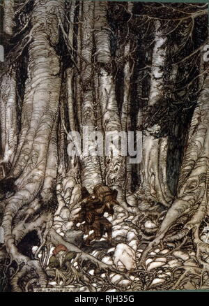 Abbildung von Arthur Rakham von Rip Van Winkle, eine kurze Geschichte der amerikanische Schriftsteller Washington Irving erstmals im Jahr 1819 veröffentlicht. Es folgt eine Dutch-American Dorfbewohner im kolonialen Amerika genannt Rip Van Winkle, die schlafend in den Catskill Mountains fällt und 20 Jahre später aufwacht, ist in der amerikanischen Revolution verpasst Stockfoto