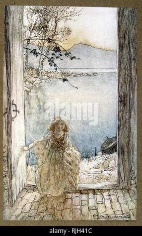 Abbildung von Arthur Rackham 1910 Spiegel, Ondine (Undine), eine märchenhafte Novelle von Friedrich de la Motte Fouque, Undine, ein Geist, heiratet einen Ritter namens Huldebrand, um eine Seele zu gewinnen. Es ist eine frühe deutsche Romantik Stockfoto