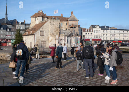 Eine japanische Reisegruppe genießen Sie den Hafen oder Vieux Bassin in Honfleur, Normandie, Frankreich mit der antiken Gebäude La Lieutenance hinter sich. Stockfoto