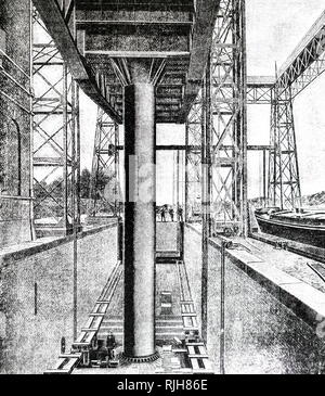 Ein kupferstich mit der Darstellung der Hydraulische Widder auf dem La Louviere Canal Aufzug für die wassertröge mit Hausbooten. Vom 19. Jahrhundert Stockfoto