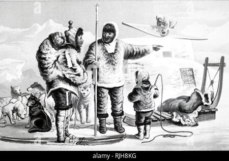 Eine chromolithograph Darstellung einer Familie der Eskimos in Fell gekleidet. Eskimo (Esquimaux) oder Inuit-Yupik, indigene Völker der arktischen Regionen. Vom 19. Jahrhundert Stockfoto