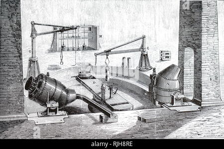 Ein kupferstich mit der Darstellung der bessemer Prozess für die Massenproduktion von Stahl von flüssiges Roheisen vor der Entwicklung des offenen Kamin Ofen. Nach Henry Bessemer (1813-1898) ein englischer Erfinder benannt. Vom 19. Jahrhundert Stockfoto
