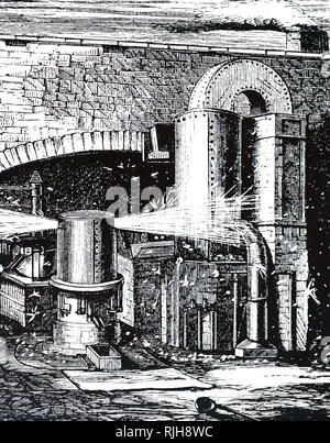 Ein kupferstich mit der Darstellung der bessemer Prozess für die Massenproduktion von Stahl von flüssiges Roheisen vor der Entwicklung des offenen Kamin Ofen. Nach Henry Bessemer (1813-1898) ein englischer Erfinder benannt. Vom 19. Jahrhundert Stockfoto