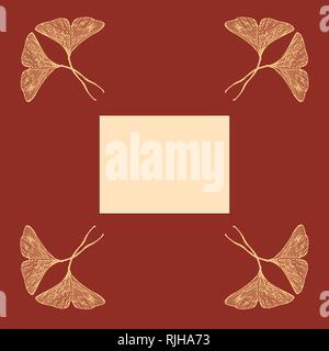 Hand gezeichnet Herzen ginkgoblätter Karte vector Template in gelb Farbpalette auf rotem Hintergrund Stock Vektor