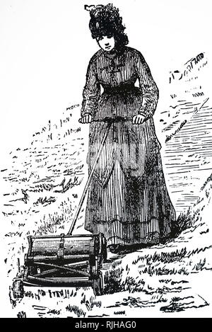 Eine Gravur, eine junge Frau mit einem boxless Rasenmäher hergestellt von Parkinson von Ripon, Yorkshire, und unter dem gleichen Namen der Studley Rasenmäher vermarktet. Vom 19. Jahrhundert Stockfoto