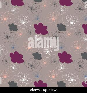 Kirsche Blüte Blume vector Pattern in einer Lila, Grau, Pink, Blau und Weiß Farbpalette Stock Vektor