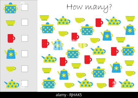 Wie viele zählen Spiel mit Küche Bilder für Kinder, Pädagogische mathe Aufgabe für die Entwicklung des logischen Denkens, Vorschule Arbeitsblatt Aktivität, c Stock Vektor