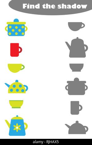 Hier finden Sie die Schatten Spiel mit Küche Bilder für Kinder, Bildung Spiel für Kinder, Vorschule Arbeitsblatt Aktivität, Aufgabe für die Entwicklung von logischen Stock Vektor