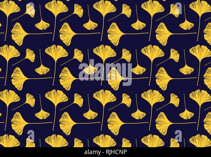 Ginkgoblätter vector Pattern in einer goldenen Farbpalette auf dunkelblauem Hintergrund Stock Vektor