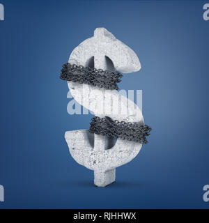 3D-Rendering eines großen konkrete Dollarzeichen durch eine Kette auf einem blauen Hintergrund gebunden. Stockfoto