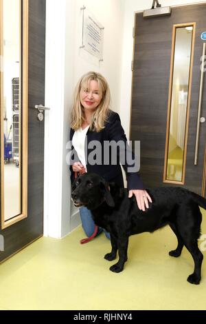 Julia Rausing mit einem ihrer Hunde, Sybille. Julia und Hans Rausing besuchen Sie die rspca South Cotswolds Zweig Cotswolds Hunde und Katzen in Cambridge, Stockfoto