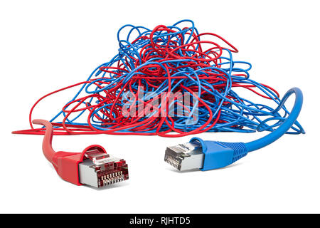 Zwei LAN-Kabel in verworrenen Knäuel. 3D-Rendering auf weißem Hintergrund Stockfoto