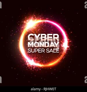 Cyber Monday super Sale. Neon Rabatt Card Design Stock Vektor