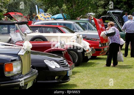 Dutzende von klassischen Autos auf Anzeige an der Rattenfänger Appell Sommer zeigen, auf dem Gelände des Highnam Gericht gehalten, in der Nähe von Gloucester. 10. Juni 2018 Bild Stockfoto