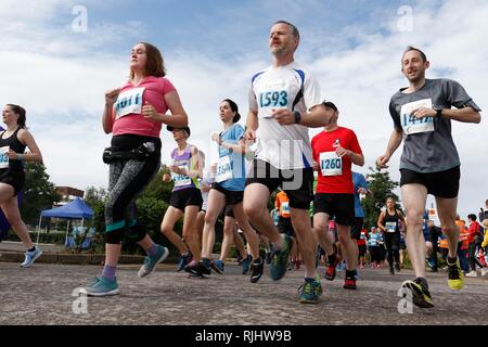 Die 10k-Start am Cheltenham Herausforderung, Halbmarathon, 10-k und 5k laufen, Fall, an der Rennbahn Cheltenham, Gloucestershire. 17. Juni 2018 P Stockfoto