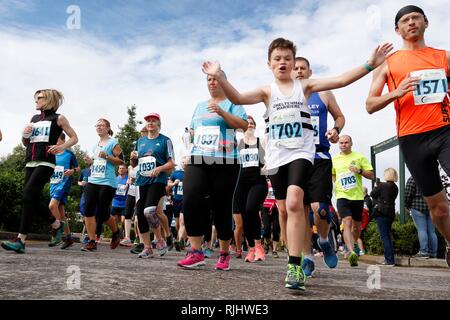 Die 10k-Start am Cheltenham Herausforderung, Halbmarathon, 10-k und 5k laufen, Fall, an der Rennbahn Cheltenham, Gloucestershire. 17. Juni 2018 P Stockfoto