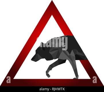 Vector Illustration. Warnschild mit Low Poly Wolf. Stock Vektor