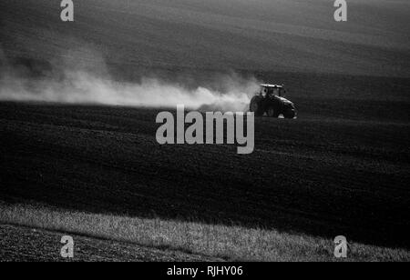 Traktor im Herbst arbeiten in den Bereichen Südmähren bei Sonnenuntergang Stockfoto