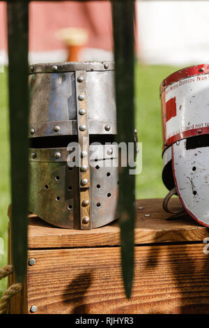 Kopf Rüstung zu einem Re-enactment mittelalterliches Fest Stockfoto